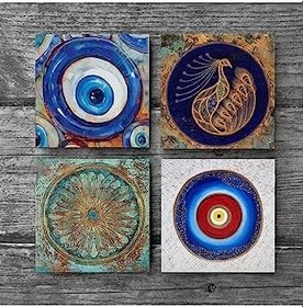 Resim Nazar, Tavus Kuşu, Yaşam Çiçeği Taş Bardak Altlığı Seti - 4 Parça - Dekoratif, Rustik Mutfak Aksesuarı, 10x10 cm, Kaydırmaz Tabanlı, Şık ve Dayanıklı SC388 