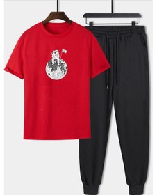 Resim Unisex Astronot Baskılı 2'li Eşofman Takımı Kırmızı 