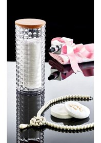 Resim Ahşap Kapaklı Disk Pamukluk Organizer Modern Kozmetik Düzenleyici Şeffaf 