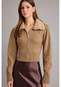 Resim Defacto Slim Fit Dar Kesim Suni Kürk Yaka Fermuarlı Hırka G9000ax25wnbg157 Bej-bg157 