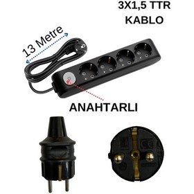 Resim Avarson 4'lü Dörtlü Priz Topraklı Anahtarlı Kablolu Siyah 3x1,5 Ttr 13 On Üç Metre 