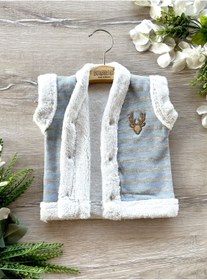 Resim PATSAN Içi Peluşlu Wellsoft Kışlık Bebek Yelek Geyik Nakış Mavi Çizgili 