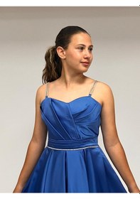 Resim Butikhappykids Kız Çocuk Abiye İndigo Taş Kordon Askılı Kalp Yaka Mat Saten Kuyruklu Abiye Elbise 10-15 Yaş İndigo 
