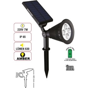 Resim 7W Güneş Enerjili Amber Işık Profesyonel Bahçe Sokak Dış Mekan Aydınlatma Projektör 2 Adet 