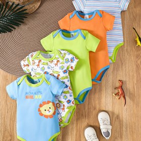 Resim 5'li Sevimli Bebek Erkek Pamuklu Tulum Seti - Sevimli Hayvan Desenleri & Çizgiler, Makinede Yıkanabilir, Yuvarlak Yaka ile Yaz Hazır - Canlı Renkler, Bebek Erkek Kıyafetleri, Dış Mekan İçin Mükemmel 