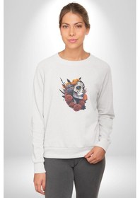 Resim Maske Dövmeli Çiçekli Kız Unisex Beyaz Baskılı Sweatshirt Beyaz 