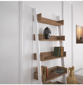 Resim Pasifichome Only Raflı Koyu Meşe Merdiven Kitaplık / Duvara Monte Kitaplık 