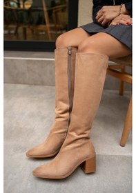 Resim Volera Camel Süet Kadın Küt Burun Topuklu Çizme Camel 