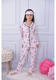 Resim Kız Çocuk Düğmeli Desenli Uzun Kollu Pijama Takımı-991 Pembe 