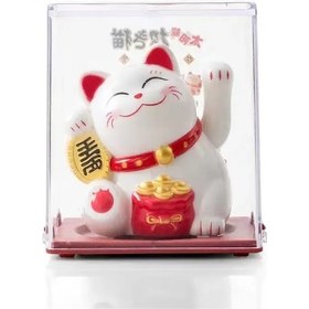 Resim Qingmipy Güneş Enerjili Sallanan Kucağı Kalkan Mini Şans Kedi Ofis Masaüstü Araç Dekorasyonu Plastik Sanayi Eseri Beyaz 