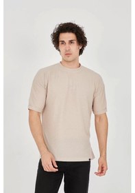 Resim Unisex Jakar Kumaş Rahat Kol T-shirt - Bej Bej 