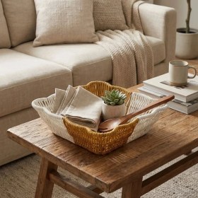Resim Krm Kare Dalgalı Çift Renkli Plastik Rattan Ekmek ve Meyve Sepeti - Çok Amaçlı Banyo ve Mutfak 