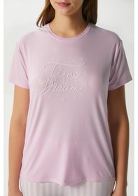 Resim Ritnice Kadın Time Yumuşak Doku Pembe Çizgili Bisiklet Yaka Kısa Kollu Alt Üst Pijama Takımı Pembeekru Çok Renkli 