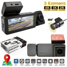 Resim Rose Mr-46 Wifi Araç İçi 3 Kamera Gps'li Dvr Led Ekran Gece Renkli Sesli 4k+2k+1k 