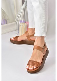 Resim Fox Shoes Taba Hakiki Deri Örgü Modelli Günlük Kadın Sandalet 