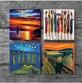 Resim Van Gogh Ren Nehri’nde Yıldızlı Bir Gece, Çığlık, Yerli Kadınlar, Deniz Manzarası Taş Bardak Altlığı Seti - 4 Parça - Dekoratif, Rustik, 10x10 cm, Kaydırmaz Tabanlı SC431 