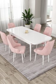 Resim Canisa Eta Serisi 80x132 Mdf Beyaz Açılabilir Masa 6 Pembe Sandalye Mutfak Masası Takımı 