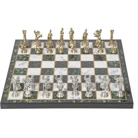 Resim Lüks Metal Satranç Takımı Krom Kaplama Pegasus Atları & Zümrüt Yeşili Mermer Desenli Tahta 20 Cm. 
