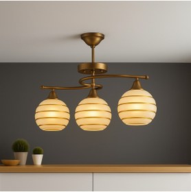 Resim KUZENLER Modern Eskitme 3’lü Tavan Avizesi - Altın Yaldızlı Beyaz Küre Camlı 