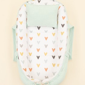 Resim Babynest ve Yastık - Çift Taraflı - Su Yeşili Muslin - Kalpler 
