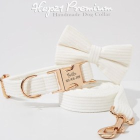 Resim Dog Collar Named White Beige Velvet Collar 776032 - Leash + Bow Tie + Leash Rope / L 
