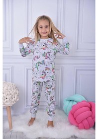 Resim Kız Çocuk Gri Melange Üzeri Çok Renkli Sevimli Efsanevi At Desenli Basic Pijama Takımı 2 Parça Gri Melanj 
