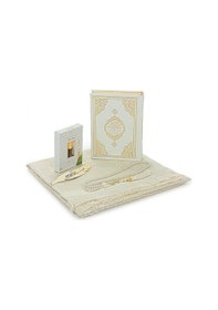 Resim İngilizce Mealli Medine Hatlı Kuranı Kerim Ve Seccade Seti Beyaz 