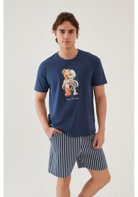 Resim Erkek Pamuklu Mavi Baskılı Cepli Şort Pijama Takımı Ke30320 Mavi - Beyaz 