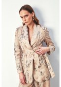Resim Sateen Parlak Desenli Kuşaklı Uzun Ceket - Bej 
