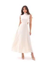 Resim Fashion Cocktail Minik Boyun Detay Pencereli Bel Kolsuz Dizaltı Midi Sahil Yazlık Viskon Elbise Bej 
