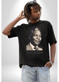 Resim Nelson Mandela Pamuklu Bisiklet Yaka Unisex Oversize Boyfriend Dijital Baskılı Siyah T-shirt Siyah 