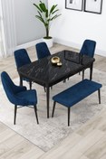 Resim Canisa Concept Lia Serisi 80x132 Açılabilir Mutfak Masası Takımı Siyah Mermer Masa 4 Lacivert Sandalye 1 Bench 