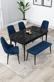 Resim Canisa Concept Lia Serisi 80x132 Açılabilir Mutfak Masası Takımı Siyah Mermer Masa 4 Lacivert Sandalye 1 Bench 