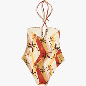 Resim Koton Çiçekli Halter Yaka Mayokini Astarlı Çıkarılabilir Pedli Kahverengi Desenli 4sak20130mm Kahverengi 