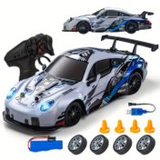Resim 1/24 Ölçekli Mini Drift RC Araba, Işıklarla, 2.4GHz Uzaktan Kumandalı Yarış Arabası, Mavi ve Beyaz, Siyah Detaylarla, USB Şarj Edilebilir Lityum Pil, Erkekler, Yetişkinler ve Gençler İçin Mükemmel, Drift Araba Tutkunu | Spor Tasarımı | Dayanıklı Plastik Araba, RC Araba Doğum Günü Partisi 