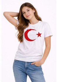Resim Kız Çocuk Tişört Bisiklet Yaka Ay Yıldız Bayrak Baskılı T-shirt - Beyaz Çok Renkli 
