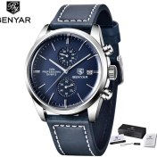 Resim Hanyang Gümüş Mavi 2022 Yeni Benyar Deri Erkek Kuvars Saatı Lüks Marka 100 M Su Geçirmez Erkekler Izle Askeri Spor Chronograph Izle Erkekler Için (Yurt Dışından) 