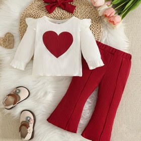 Resim 3 adet Kız Kıyafeti Seti - Uzun Kollu Kalp Nakışlı Üst, Kırmızı Pantolon ve Eşleşen Başörtüsü - Yumuşak Esnek Kumaş, Yuvarlak Yaka, Sonbahar/Kış için Normal Beden - Rahat Günlük Giyim, Kız Kıyafetleri, Sonbahar Kış Giyim, Eğlenceli Giyim, Rahat Giyim, Açık Hava, Kız Seti için 