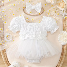 Resim 2 adet El Yapımı Çiçek Nakışlı Çift Katmanlı File Kısa Kollu Vaftiz Elbisesi + Yay Saç Bağı Yeni Yaz Çocuk Düğün Sarayı Tarzı Vaftiz Elbisesi 