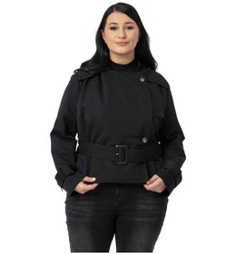 Resim Disentis Büyük Beden Mono Yaka Kemerli Astarlı Kısa Siyah Trençkot Siyah 