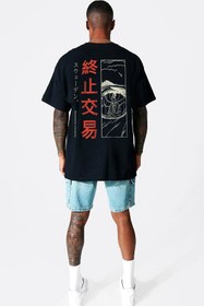 Resim ROCKANDROLL Tek Göz Siyah Kısa Kollu Arka Baskılı Erkek Oversize T-shirt 
