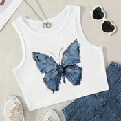 Resim Kadınlar için Y2K Kelebek Taklidi Denim Baskılı Dar Kesim Tank Top - Yarı Şeffaf Esnek Yuvarlak Yaka Kolsuz Gömlek, Makinede Yıkanabilir Her Mevsim Günlük Üst, Yazlık Giysi, Zarif Tasarım 