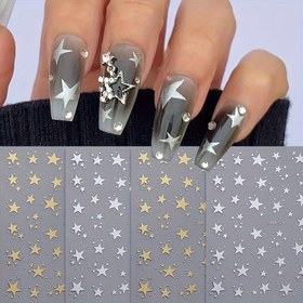 Resim Sweet Trend 4'lü Altın & Gümüş Yıldız Tırnak Sanatı Stickerları - Kendinden Yapışkanlı, Hipoalerjenik Parıltılı Manikürler için Çıkartmalar, Tırnak Stickerları 