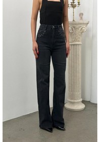 Resim Lacarino 7984 Wide Leg Kadın Jean Pantolon Siyah Taşlı 