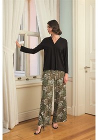 Resim Monamise Kadın Çiçek Yaprak Ve Etnik Desenli Uzun Kollu Pijama Takımı 24149 Siyah 