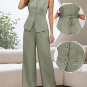 Resim Kadınların Zarif Bej İki Parça Elbisesi V-Yaka, Kolsuz Blazer & Geniş Bacaklı Pantolon - Nefes Alabilen Polyester, Düğmeli Tasarım, Ofis veya Rahat Giyim için Mükemmel, Bahar/Yaz Koleksiyonu, Rahat Kıyafet|Sophisticated Style|Polyester Kumaş 