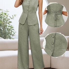 Resim Kadınların Zarif Bej İki Parça Elbisesi V-Yaka, Kolsuz Blazer & Geniş Bacaklı Pantolon - Nefes Alabilen Polyester, Düğmeli Tasarım, Ofis veya Rahat Giyim için Mükemmel, Bahar/Yaz Koleksiyonu, Rahat Kıyafet|Sophisticated Style|Polyester Kumaş 
