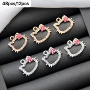 Resim 12pcs/48pcs of Randomly Mixed Color for hello kitty Handmade DIY Metal Rhinestone Pendant Accessories, Featuring 3D Bows And Pink Flowers, Perfect for Creating Necklaces, Earrings, Bracelets, Keychains, And Craft Accessory Pendants. 