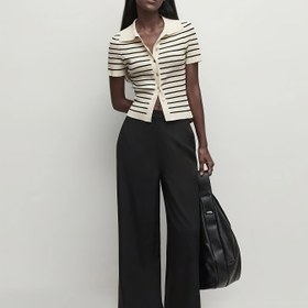 Resim Kadınlar için Bej & Siyah Çizgili Tekne Yaka Kazak - %100 Viskon Düğmeli, Mikro-Esnek Hafif Her Mevsim Şık Üst Giysi Günlük ve Resmi Kıyafetler İçin 