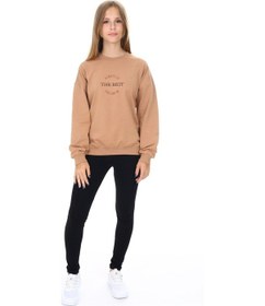 Resim Toontoy Kids Toontoy Kız Çocuk 2'li Takım Baskılı Bisiklet Yaka Düşük Omuz Sweatshirt & Basic Düz Tayt Kahverengi 